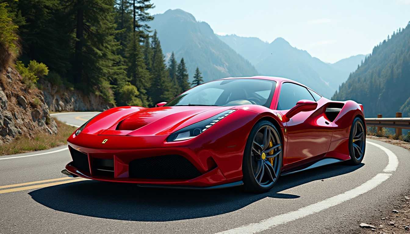 Red Ferrari Sports Car on Curvy Mountain Road