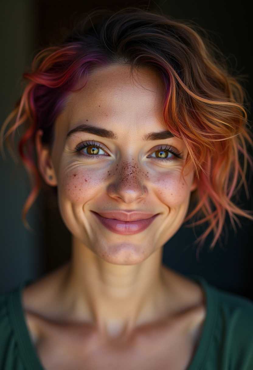 Closeup Portrait of a Woman with a Contented Smile and Vibrant Hair