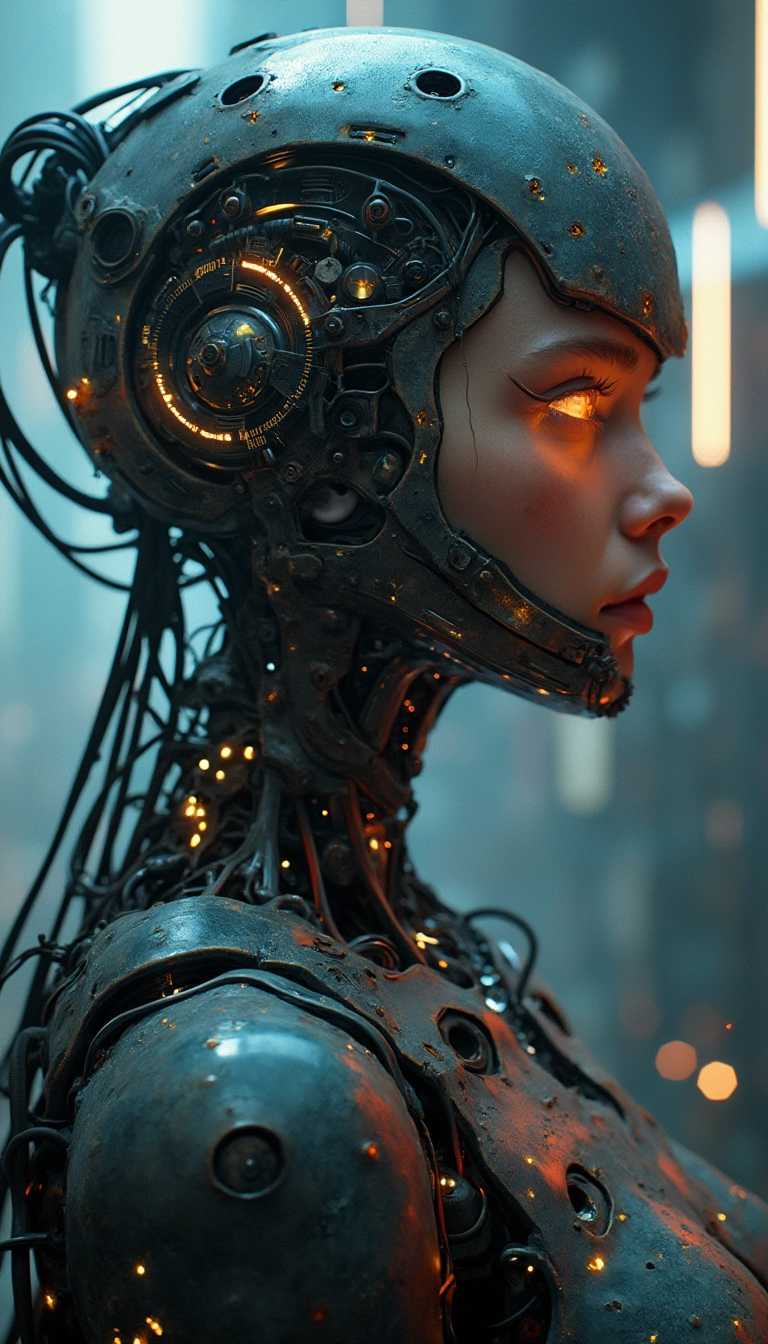 1 mechanical Supergirl,((ultra realistic details)), portrait, detailed face,global illumination, shadows, octane render, 8k, ultra sharp,metal,intricate, ornaments detailed, cold colors, egypician detail, highly intricate details, realistic light, trending on CG society, glowing eyes, facing camera, neon details, machanical limbs,energy vessels connected to tubes,mechanical cable attaching to neck,wires and cables connecting to head --s 250