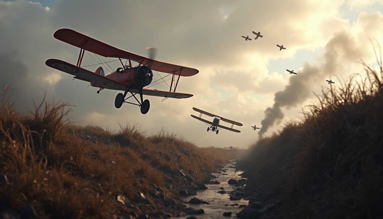 biplanes dogfighting over ww1 trenches 1917