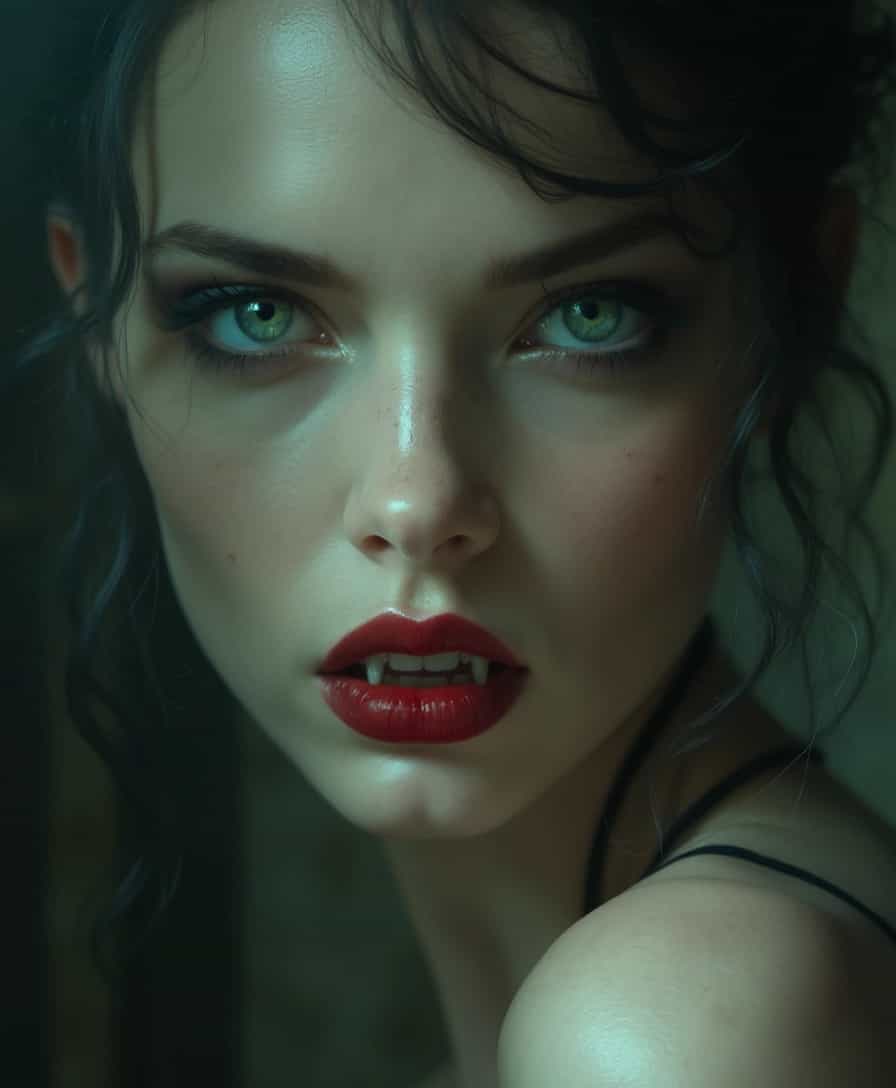 Enigmatic Vampire with Mesmerizing Green Eyes and Plump Red Lips