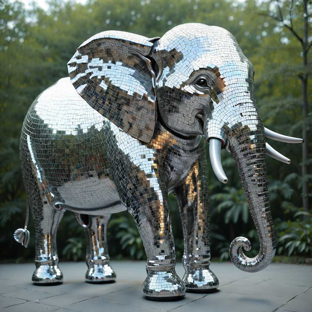 MirrorMosaic Elephant Statue with Tusks and Trunk