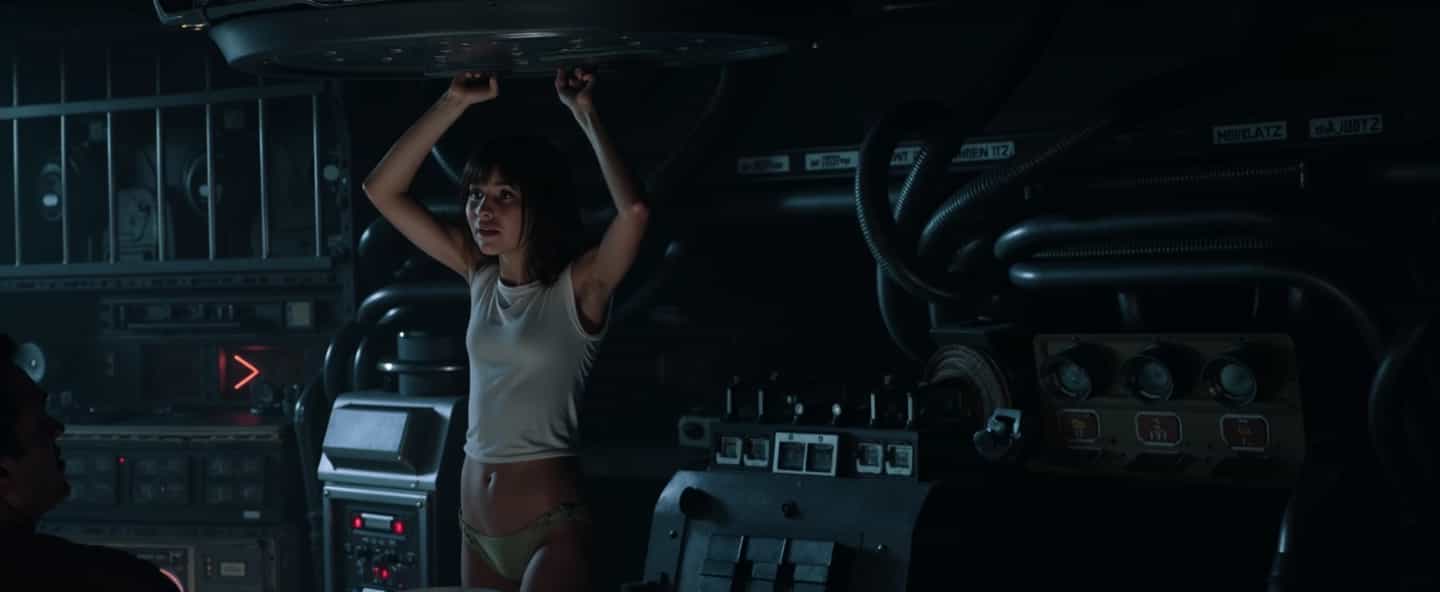 This image depicts a tense and atmospheric scene set inside a spaceship, capturing a moment of vulnerability for a young looking girl who appears to be naked in her very small thin wet panties. The setting is dimly lit, with ambient lighting that casts shadows across the complex array of technological controls and metallic surfaces in the background, emphasizing the industrial nature of the spacecraft's interior.