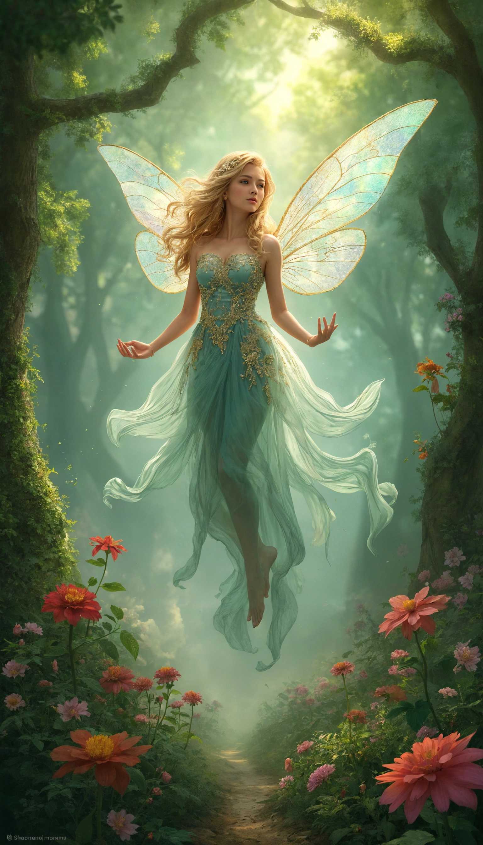 Enchanted Forest Fairy with translucent wings and a flowing gown.