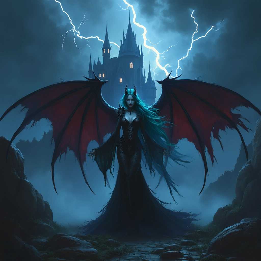 Morrigan Aensland from Darkstalkers standing confidently in front of an ominous, gothic Dracula's Castle. The castle looms in the background, shrouded in darkness, its spires piercing the stormy night sky. Lightning bolts crackle and illuminate the scene with dramatic flashes of light, casting eerie shadows across the landscape. Morrigan's dark, bat-like wings are spread wide, her teal hair flowing wildly in the wind. Her seductive vampire attire glistens under the sporadic lightning, accentuating the textures of her elaborate costume. The scene is enveloped in an atmosphere of intense drama and foreboding, with mist curling around the ground and thunder rumbling in the distance. The camera angle is slightly low, looking up at Morrigan and the castle to enhance the sense of grandeur and menace. The composition focuses on contrasting the dark, medieval architecture of the castle with the dynamic, charismatic presence of Morrigan. The overall mood is one of gothic fantasy, with elements of dark romance and supernatural peril. 

Art style: dark gothic fantasy art, highly detailed, with an emphasis on dramatic lighting and shadows.