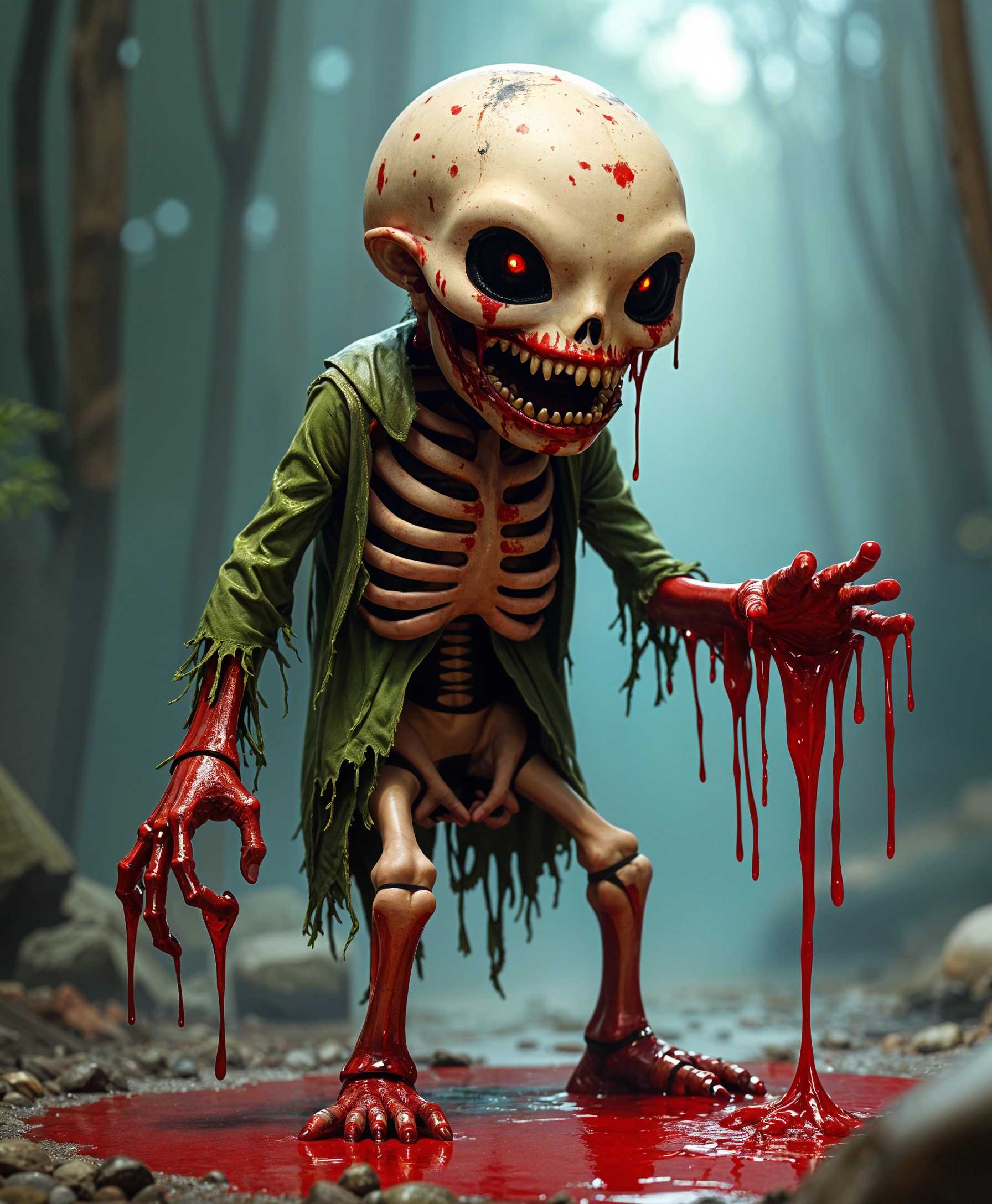 Creepy Skull-Skeleton with Bloody Hands in a Misty Forest
