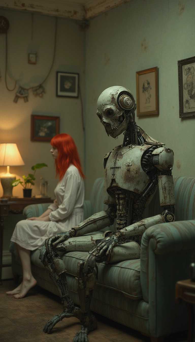 This image is a surreal and thoughtprovoking piece that combines elements of human and mechanical forms within a domestic setting. The art style is reminiscent of a digital painting with a cinematic quality, utilizing a blend of realism and stylization to create a dreamlike atmosphere.The medium appears to be a digital painting, given the smooth gradients and seamless blending of colors. The lighting and shadows are expertly rendered, providing depth and dimension to the scene. The image has a highresolution quality, with fine details visible in the textures and materials.The colors in the image are muted and moody, with a predominance of earthy tones such as browns, grays, and muted greens. The robot figure has a patinated, aged look, with a mix of metallic and rustlike textures. The human figure, on the other hand, has vibrant red hair that stands out against the subdued background, adding a pop of color to the composition.The objects in the image are carefully chosen to create a narrative and evoke a sense of place. In the foreground, we see a wornout couch with a faded upholstery, suggesting a livedin and comfortable environment. The couch serves as a platform for the human figure, anchoring the composition and providing a sense of scale.Behind the couch, there is a lamp with a warm, amber glow, contributing to the cozy and intimate atmosphere of the room. The lamp is placed on a side table, which also holds a small plant, introducing a natural element to the scene. The plants presence contrasts with the mechanical elements, adding a touch of organic beauty.On the wall, there are framed pictures and a mirror, which reflect the rooms contents and create a sense of depth. The mirror also plays with the viewers perspective, as it reflects the robot figure and the human figure, blurring the lines between reality and reflection.Overall, the image is a compelling blend of human and mechanical forms, set within a domestic environment. The use of color, lighting, and texture creates a dreamlike and surreal atmosphere, inviting the viewer to ponder the relationship between humanity and technology.