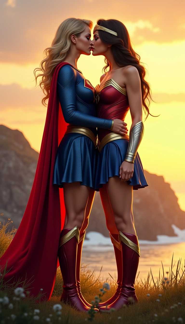 This image is a digital artwork that captures two figures dressed supergirl and wonder woman costumes, standing close to each other kissing each other, holder her head and kissing lips locked. The art style is realistic with a touch of fantasy, as evidenced by the detailed costumes and the dramatic, golden hour lighting that bathes the scene. The medium appears to be digital painting, given the smooth blending of colors and the lack of texture that might be present in a traditional painting.The colors in the image are rich and vibrant, with a warm palette that is enhanced by the golden hour lighting. The sky behind the figures is a gradient of soft yellows and oranges, which contrasts with the cool blues of the characters costumes. The red cape of one figure adds a pop of color to the scene, while the gold accents on the costumes provide a subtle gleam. The golden hour lighting casts long shadows and highlights the contours of the figures and the landscape, adding depth and dimension to the image.The objects in the image are primarily the costumes of the figures, which are detailed and iconic representations of superhero attire. The costume on the left is a deep blue with a red cape and a gold emblem on the chest, while the costume on the right is a red and gold ensemble with a similar emblem and a golden headband. The figures are standing on a grassy knoll overlooking a body of water, with a rocky outcrop visible in the background. The golden hour lighting creates a serene and almost ethereal atmosphere around the scene. Embraced and kissing.