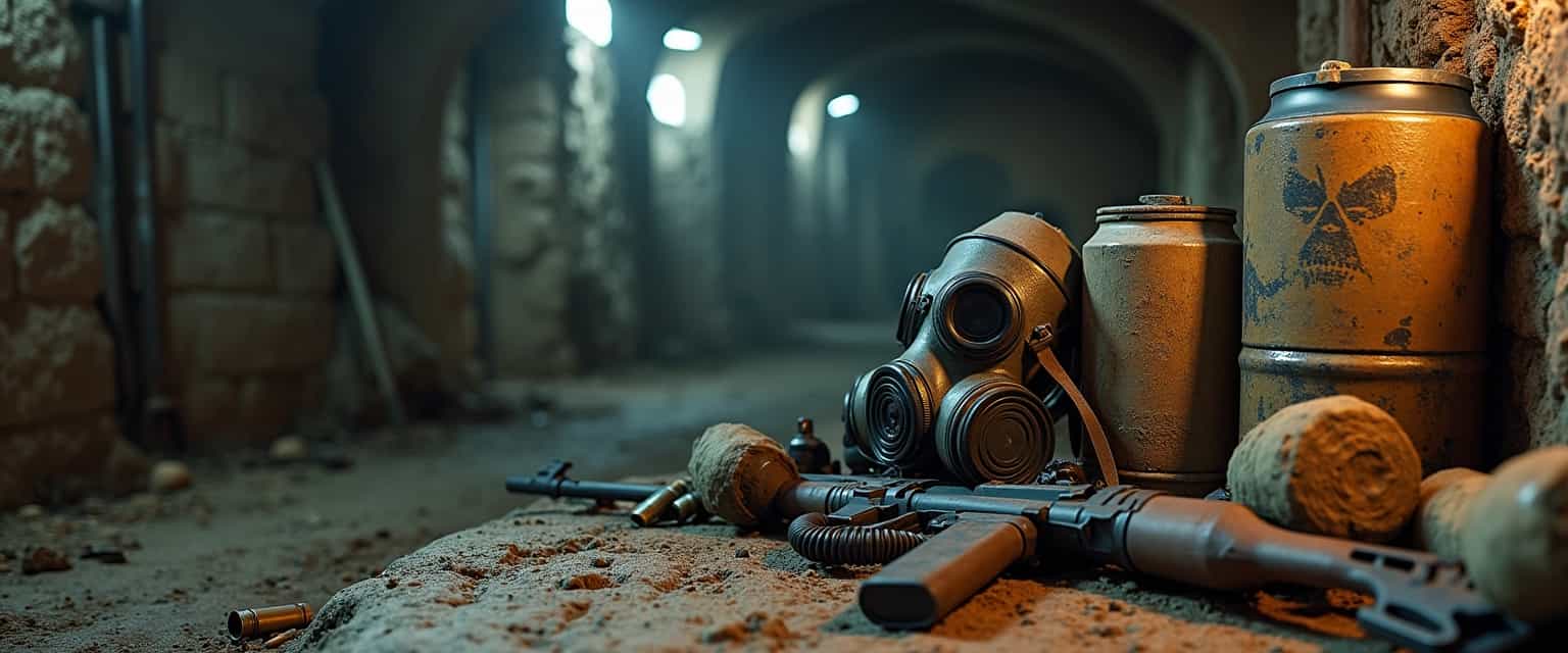 a prepper banner with gas mask, gunas and ammo, canned foods, medical supplies, radiation suits. Background a dystopian bunker