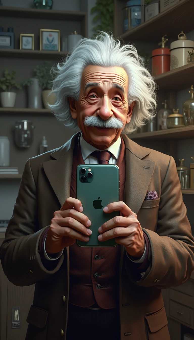 Vintage Scholar with a Modern Twist Einstein with an Apple iPhone