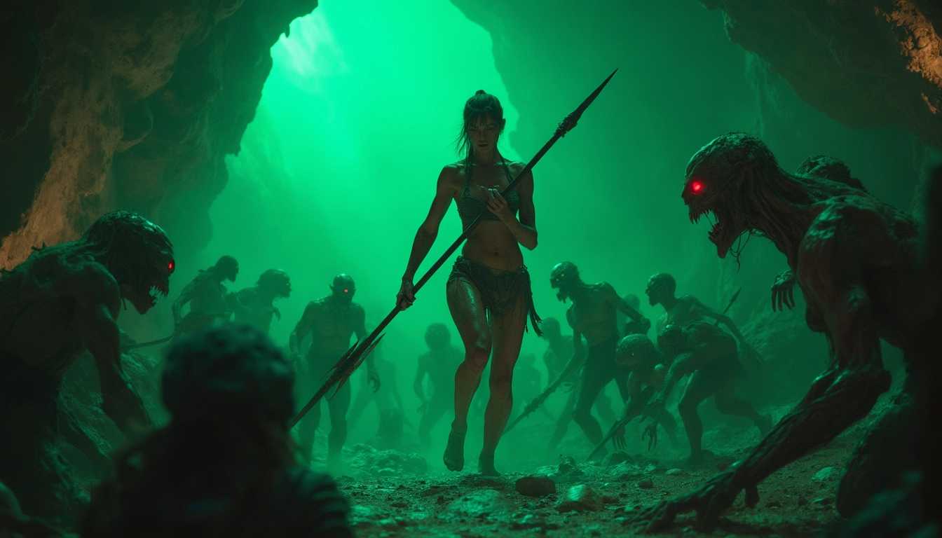 A fiercely determined woman stands amidst a tumultuous battle against a horde of grotesque, zombie-like creatures within a cave-like environment. Her athletic, toned body is poised in a defiant stance, gripping a spear tightly as she confronts the encircling menace with unwavering focus and determination. The creatures clawing at her are depicted in various stages of decay, their skin textured and desiccated, enhancing the grim atmosphere. The setting is dimly lit, with eerie green light filtering through, casting dramatic shadows and highlighting the central figure's struggle. The cave walls are rugged and jagged, adding to the scene's menacing feel. The overall composition centers the woman, illuminated by the greenish light that contrasts sharply with the dark, foreboding surroundings. The mood is tense and thrilling, capturing the raw intensity of the battle. The style is hyper-realistic, with meticulous attention to details like the texture of the decaying skin, the glint of the spear, and the play of light and shadow.