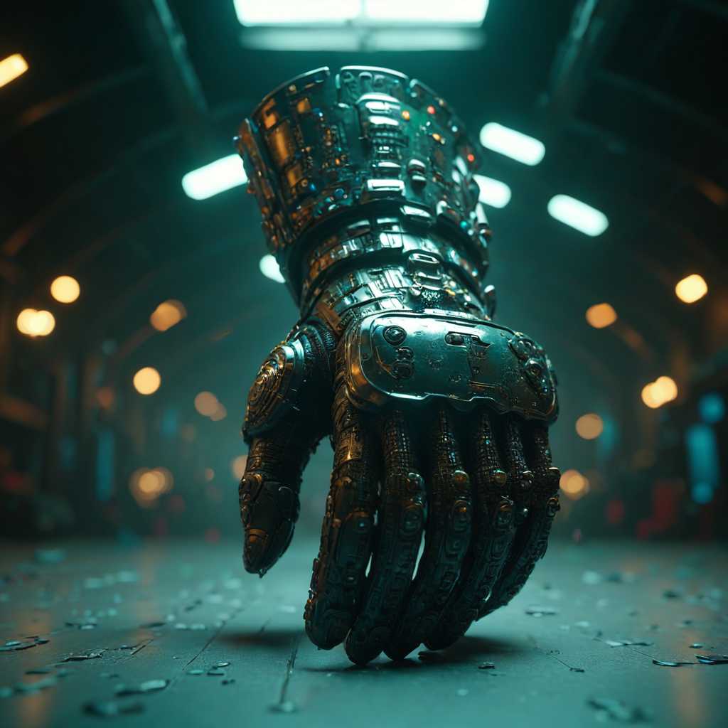 a gauntlet, TOKelectric board pcb,technological,50mm lens,cinematic