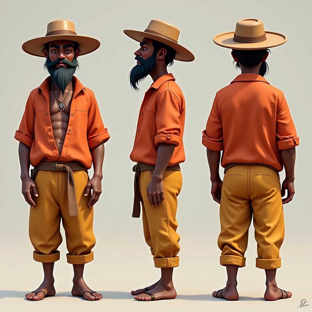 3Drendered character model in a farmer outfit viewed from front, side, and back