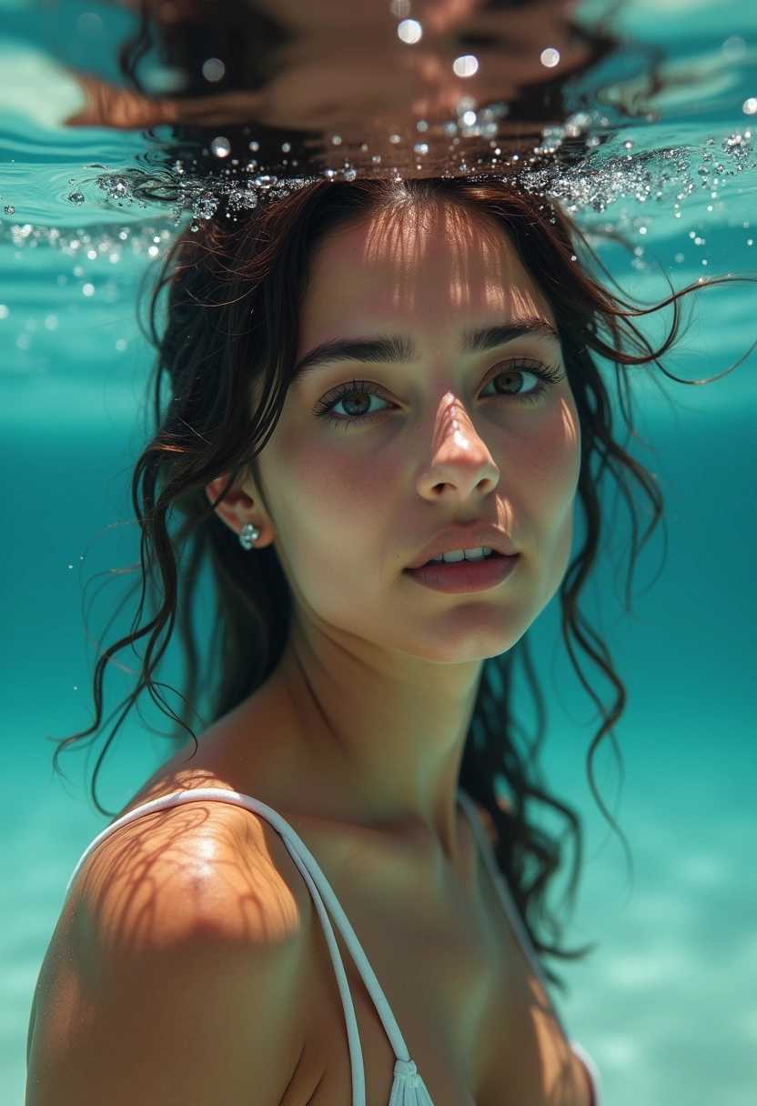 nsfw photo, under water, beautiful instagram model, detailed face, vibrant, colours, realism, high-quality rendering, contrast, tension, high quality, perfect foot, film grain, Fujifilm XT3