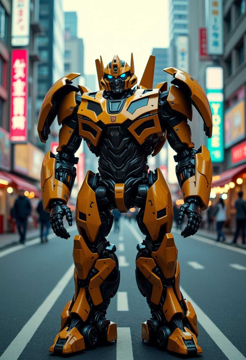 cinematic photo of a full body bumblebee transformer looking at camera. 35mm photograph, film, bokeh, professional, 16k, highly detailed view of Tokyo behind, full body shot, hyper-realistic, hd 