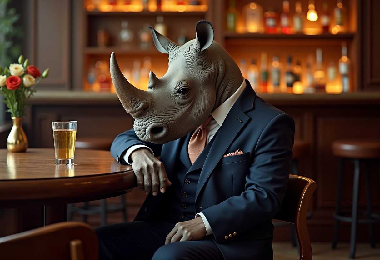 photo of a rhino dressed suit and tie sitting at a table in a bar with a bar stools, award winning photography, Elke vogelsang
