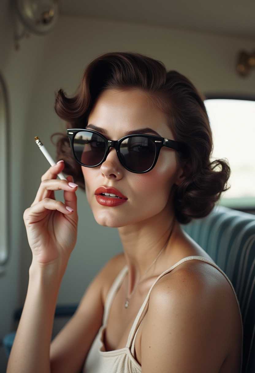 Retro Elegance A Fashionable Lady with Sunglasses and a Classic Updo