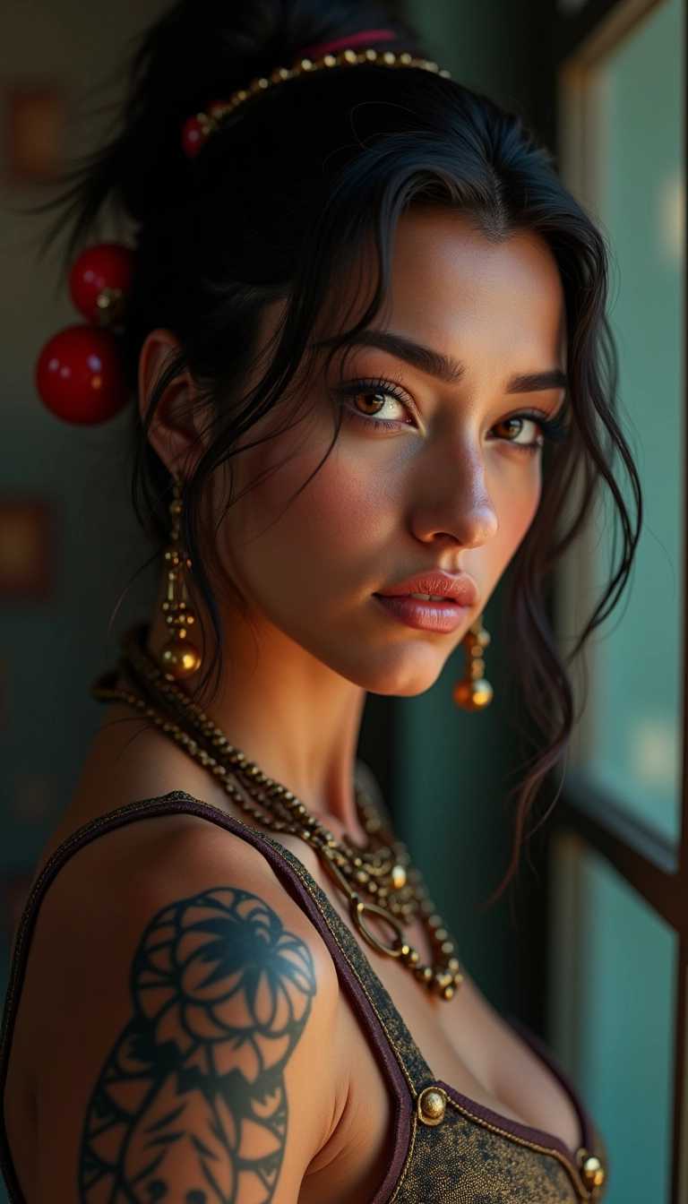 hyper-realistic digital id photo tattooed south american indigenous woman, looking at viewer, hazel eyes, urban fantasy setting, 3D render, ambient and natural lighting techniques, 16K resolution, features future-punk elements, a gold tattoo line, a captivating side profile with dramatic lighting, use octane render, unreal engine 5, photorealistic studio quality with chiaroscuro at f/1.4, style of charlie bowater, magali villeneuve, ilya kuvshinov
