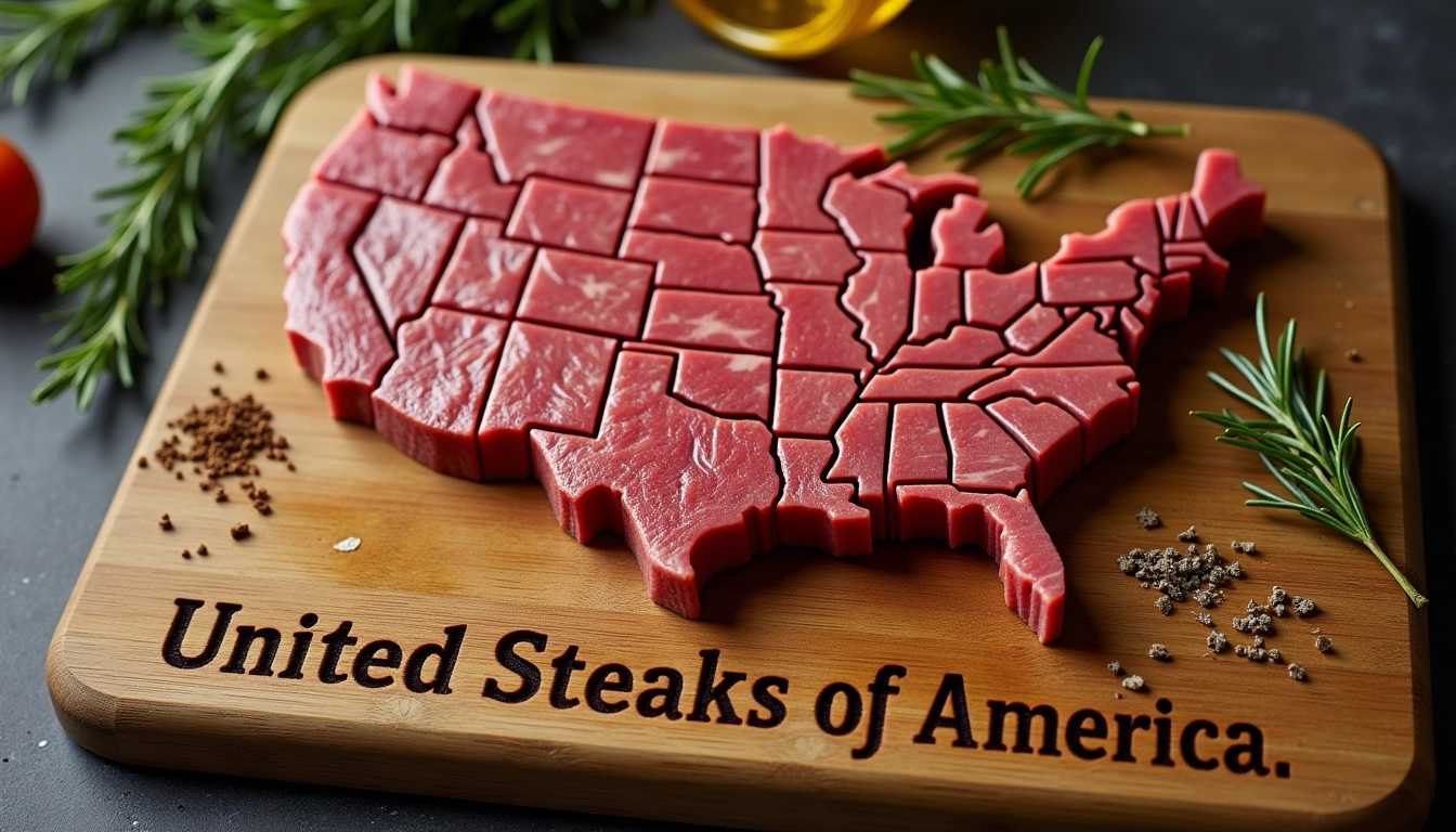 a steak in the shape of the United States (showing states), below a title "United Steaks of America" in a cutting board with the words burned "United Steaks of America". Look down onto the steak from above. 