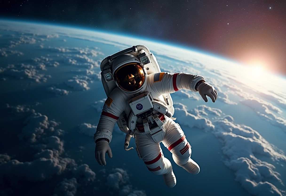 high angle photo of an astronaut floating in space looking at earth 