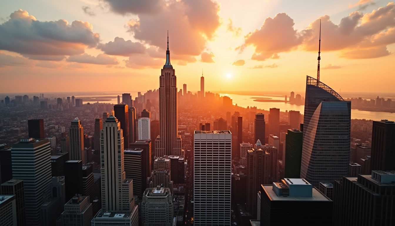 drone shot photograph of New York City skyline, golden hour, shot on Afga Vista 400