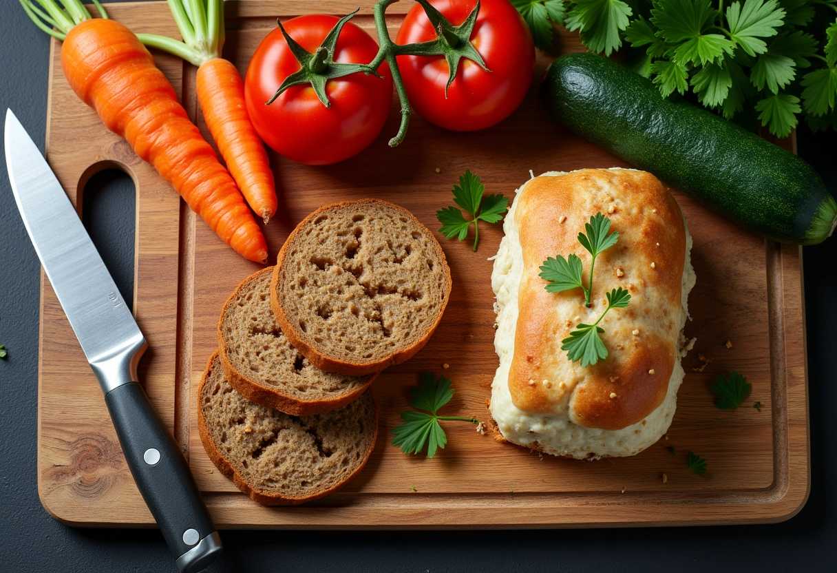 Food on a fancy wooden cutting board, food is isolated, one chef's knife, tomatoes, zucchini, carrots, 16K, food photography, studio lighting, sharp focus, hyper-detailed. Top view looking down