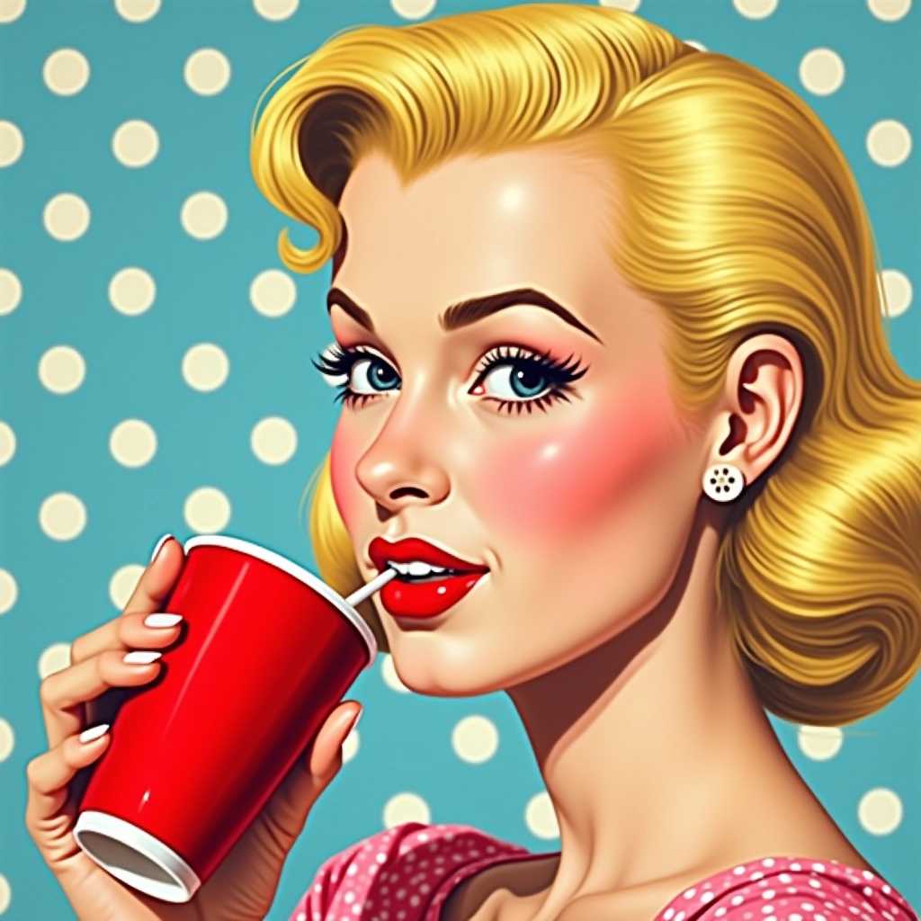 Retrostyled portrait of a woman with a beverage