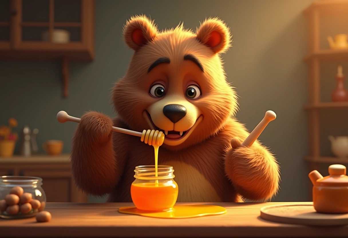 A bear eating a jar of honey, Pixar style, high quality
