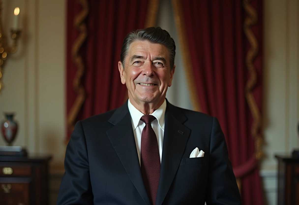 Ronald Reagan portrait, hyper, wide shot, in the style of Douglas Kirkland, natural lighting, 4k