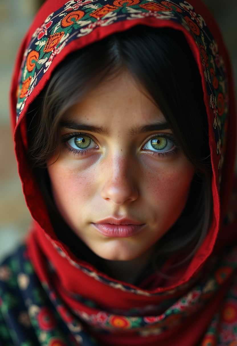 Afghan girl style of  Steve McCurry Hyper, bright green eyes, looking at viewer, shy, ultra sharp, hyper realistic