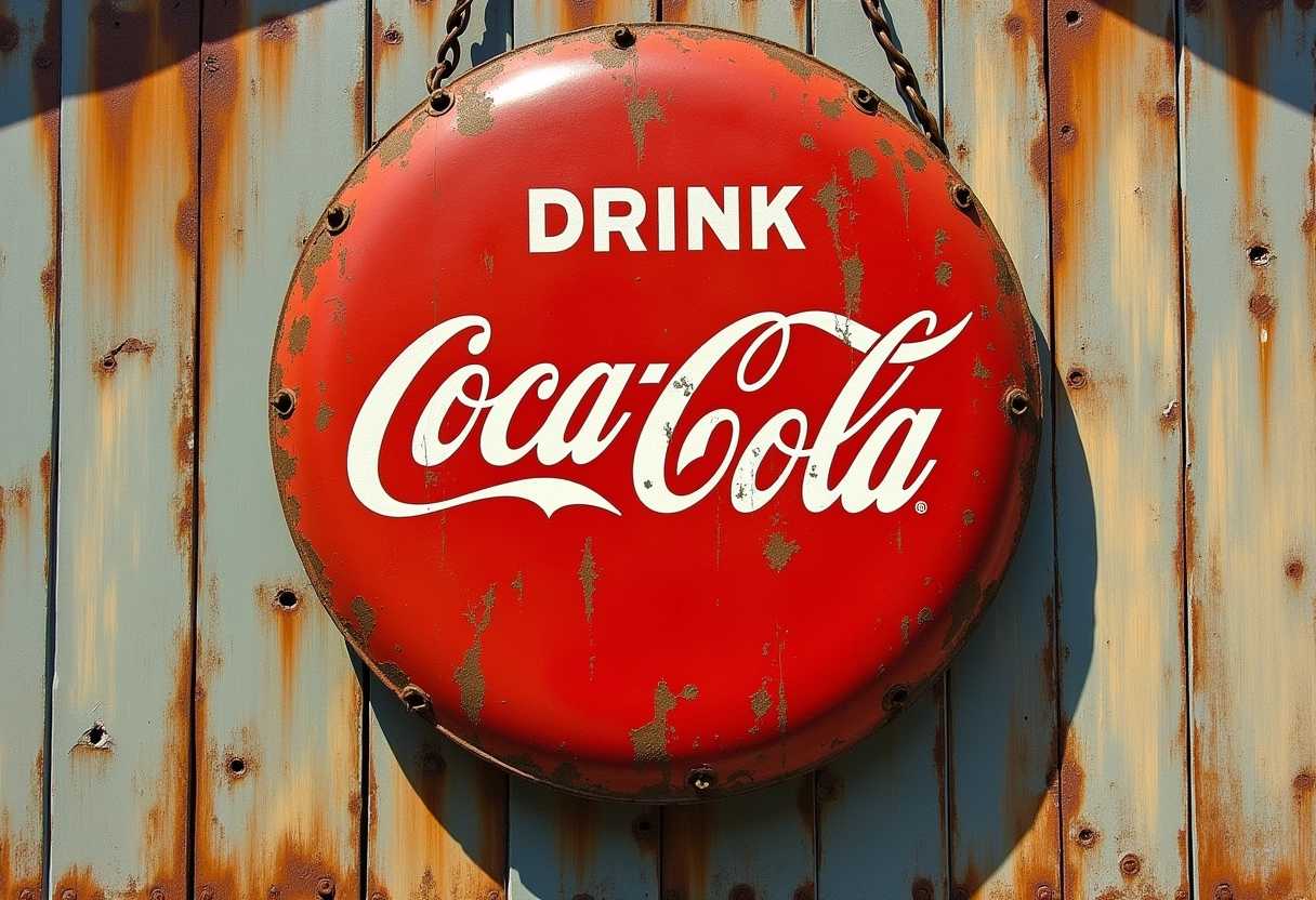 Ed Ruscha round sign hanging from a barn wall, worn, rusted, faded, Coca-Cola, Warm colors, Simplified Coca-Cola logo, Bold brushstrokes and textures, "Drink Coca-Cola", Coca-Cola as a symbol of American culture in Ed Ruscha's style, Ed Ruscha-inspired Coca-Cola advertisements