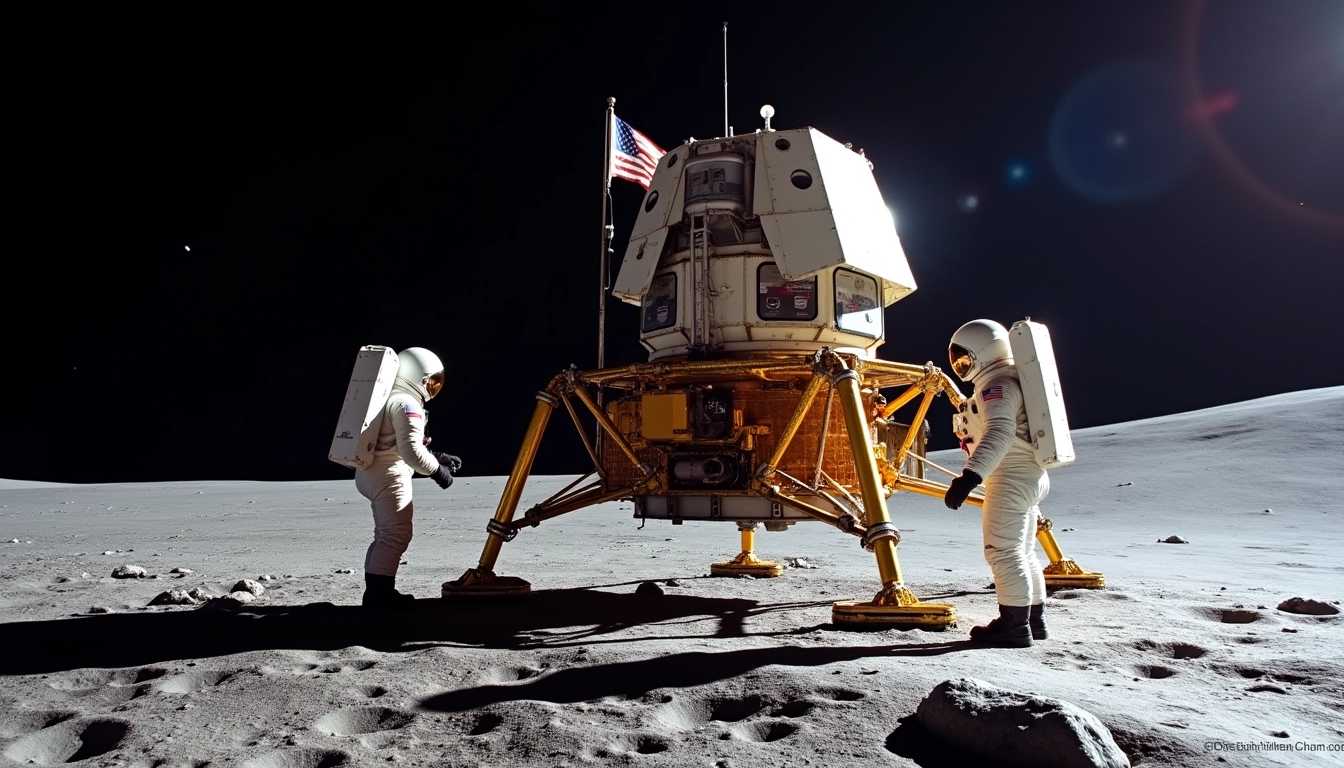 photo of the Apollo 11 astronauts on the moon in 1969 outside moon lander