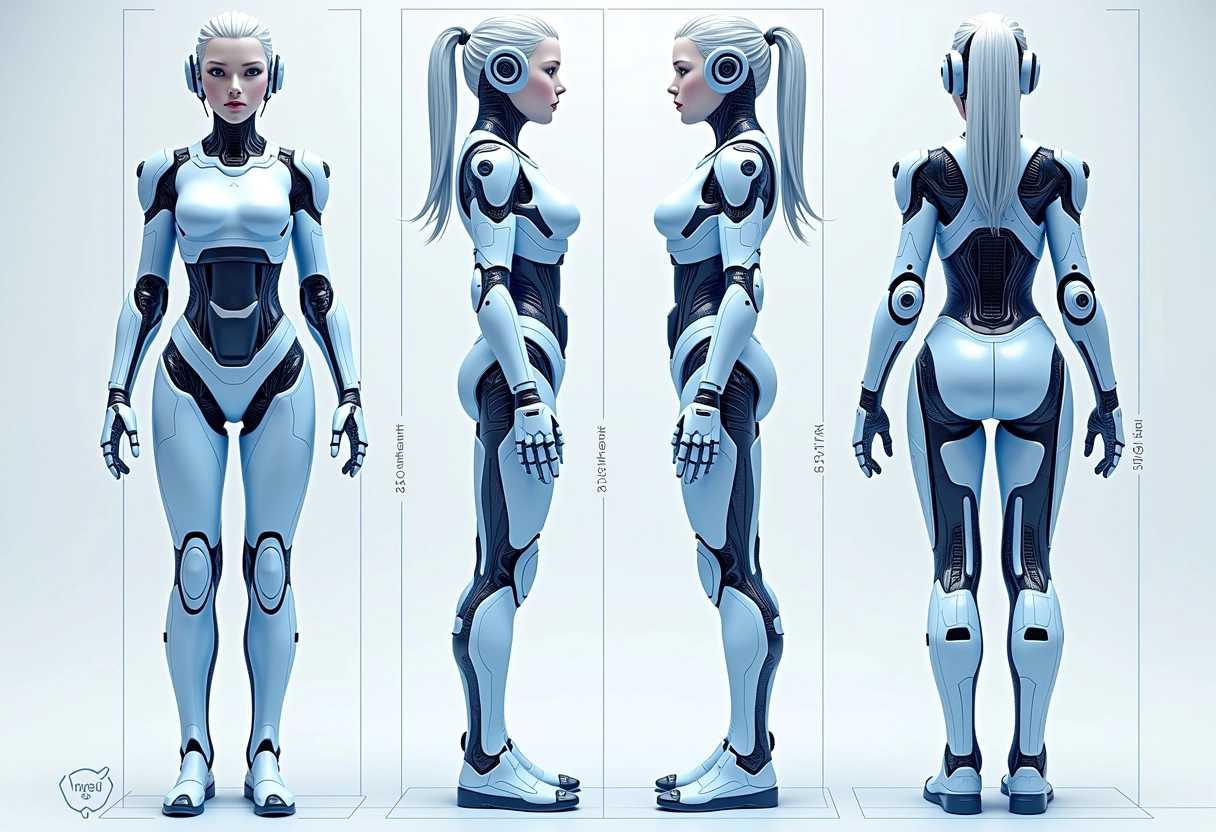 Detailed 3d schematics of a young female cyborg, (blueprint), multiple perspectives, full body, hyper realistic, dslr 16k