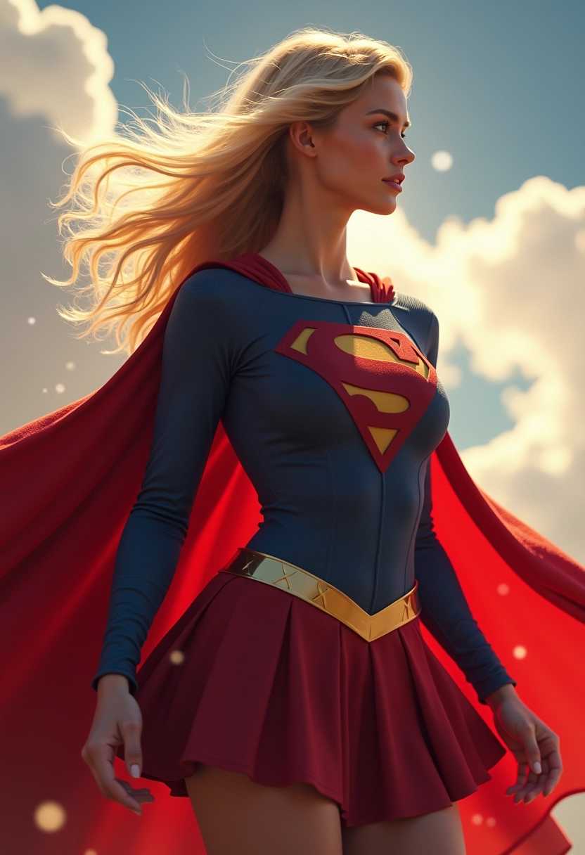Supergirl Soaring Against a Cloudy Sky