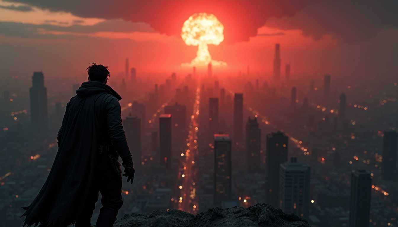 Bird's eye view of a rogue with black rugged clothes, overlooking a grim post-apocalyptic dystopian city, moody and shadowy atmosphere, intricate details, intense visuals, cinematic, 4k, photorealistic, dark color palette, (red sky:0.2) far in the distance a nuclear bomb blast