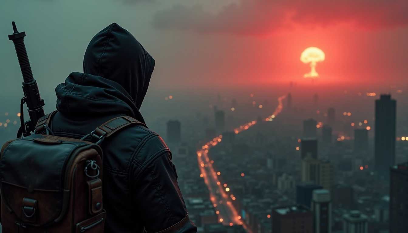 Bird's eye view of a rogue with black rugged clothes, overlooking a grim post-apocalyptic dystopian city, moody and shadowy atmosphere, intricate details, intense visuals, cinematic, 4k, photorealistic, dark color palette, (red sky:0.2) far in the distance a nuclear bomb blast
