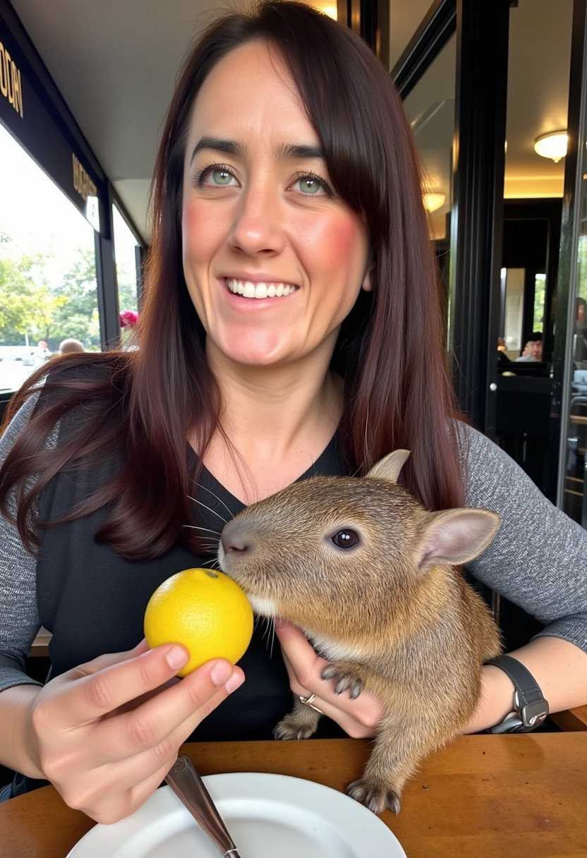 a photo of ALEMAP woman,  in a cafe in lisbon holding a capybara drinking a lemon
