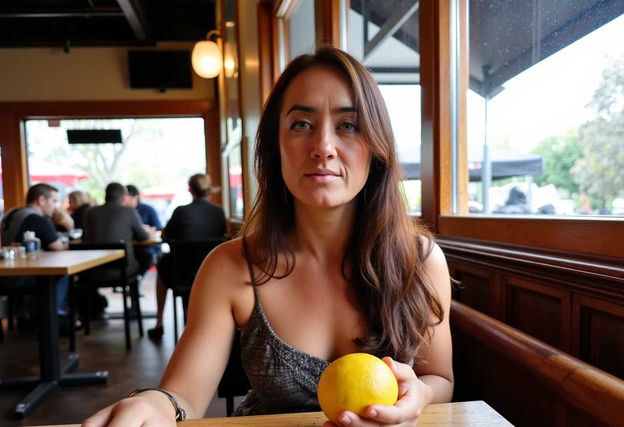 Indoors at a Restaurant, a Woman with a Lemon in Her Hand