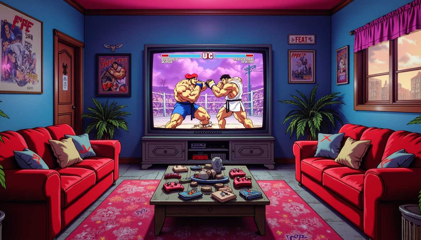 a photo of SF2, , A highly detailed, vibrant painting of a Street Fighter 2 SF2 style living room. The scene showcases a gigantic, old-school CRT television as the focal point, displaying a high-energy UFC fight. The living room is designed with a retro 90s arcade aesthetic, featuring exaggerated, bold colors and dynamic patterns reminiscent of the SF2 video game. 

The walls are adorned with pixelated, video game-inspired artwork and neon lights, casting a warm, nostalgic glow across the room. The furniture has a chunky, cartoonish look, with a bright red sofa and a matching coffee table covered in game cartridges and controllers. There are scattered plush cushions themed after popular SF2 characters.

The lighting is vibrant, with a mix of neon purples, blues, and greens creating a lively, energetic atmosphere. The composition places the television centrally, with the UFC fight action vividly depicted in a pixelated, SF2 art style. The room is viewed from a slightly lowered angle, emphasizing the grandeur and importance of the TV screen, while capturing the essence of a mesmerizing, arcade-like living space.