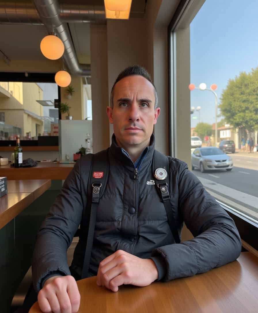 a photo of BLOVE man,  sitting in a cafe in lisbon, wearing a jet pack