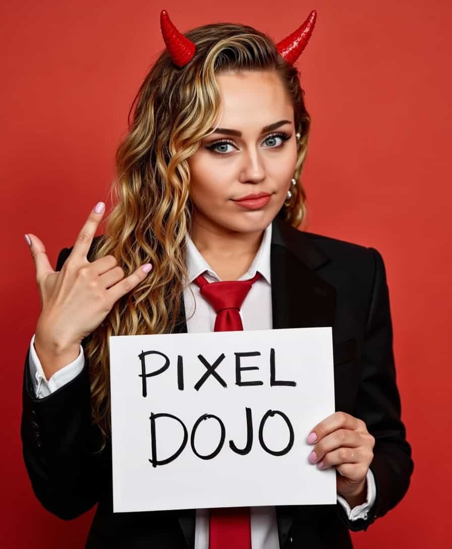 a photo of MLC, Miley Cyrus, holding a sign that says "Pixel Dojo" and doing the devil horns gesture with her hand