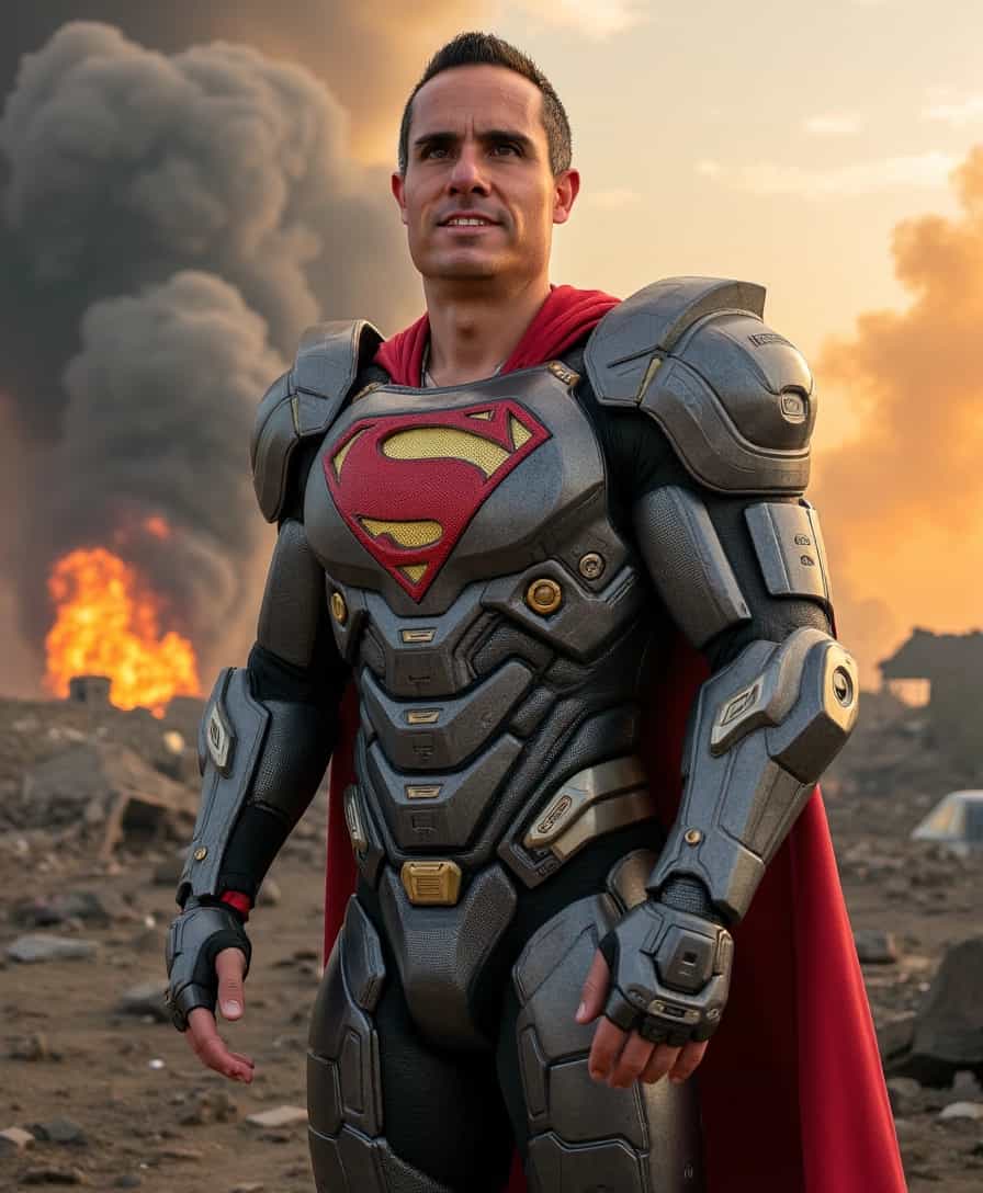 Armored Superman Standing Resolute Amidst Destruction