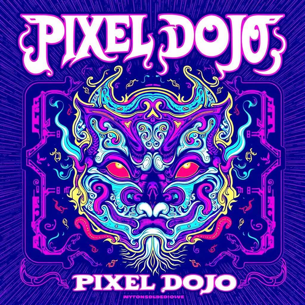 in the style of CAC, an album cover with trippy art of a snake dragon and the words "Pixel Dojo" in white text on a blue and purple theme