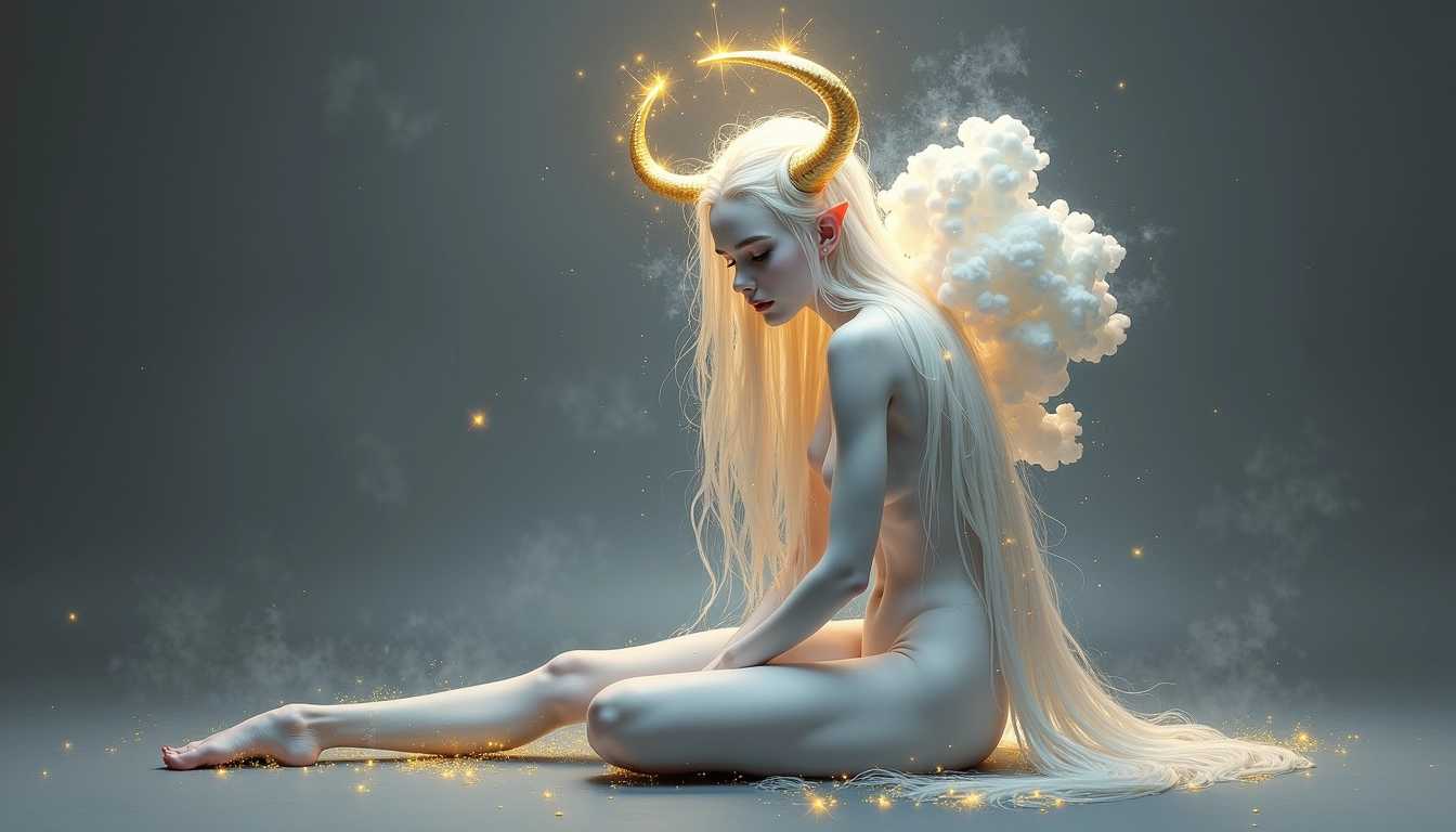 fantasy oil painting in the style of fr4z3tt4, white demon girl with horns and long hair sitting on the floor in full growth, with an aura around her head, an halo above his head, wearing light gray skin-tight , the body is covered only by golden lines of energy, the background is dark grey. The image has a transparent effect with an iridescent glow that adds depth to it. White cloud is floating over his shoulder. Inflated form, bubble gum. It's a beautiful and mysterious figure.
