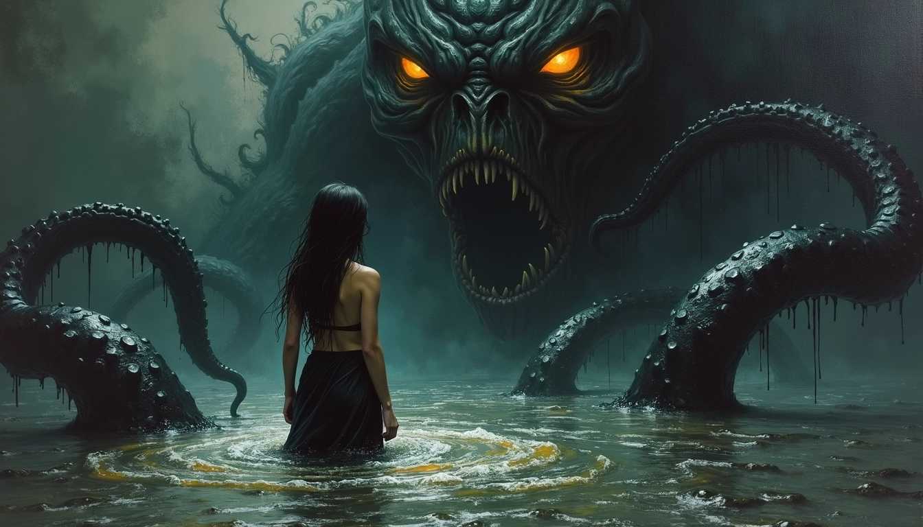 fantasy oil painting in the style of fr4z3tt4, woman standing in shallow murky water, black oily tentacles rising from the water wrapping up the woman, background is the shadowed face of a monster with glowing eyes, Frank Frazetta style