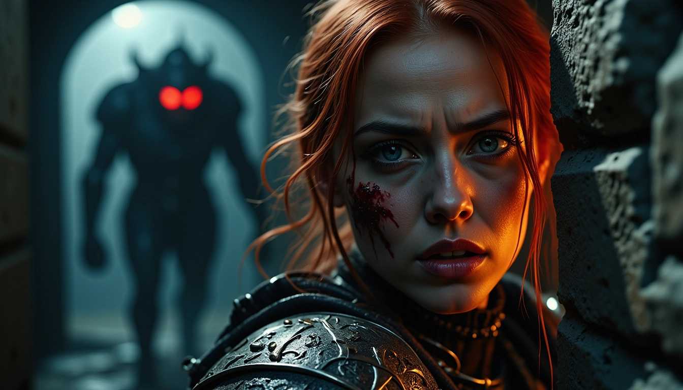 Fantasy Horror Woman with Red Hair and Bloodstains in Dark Room with Monster