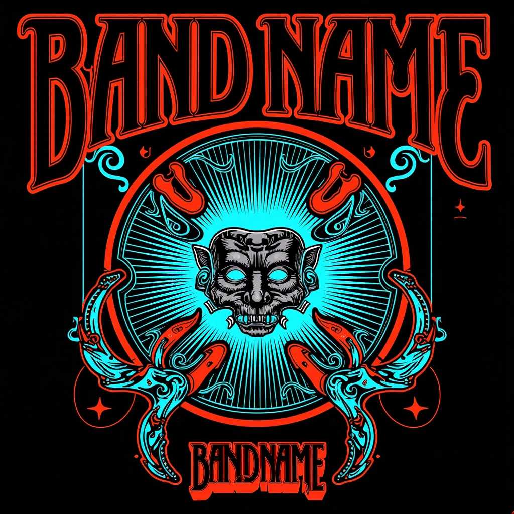in the style of CAC, a fluorescent orange and blue themed alien album cover with the title "BAND NAME" in black light font