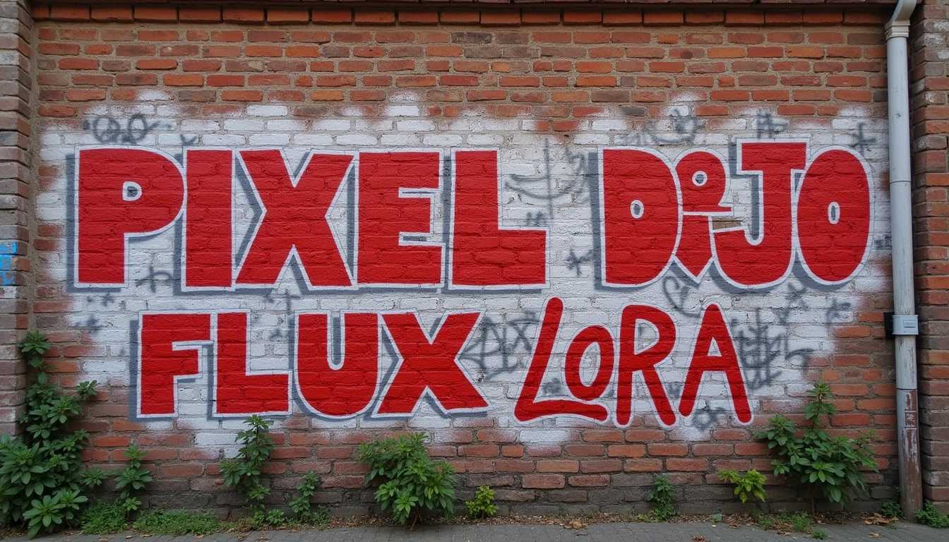 a brick wall covered in graffiti that reads "PIXEL DOJO FLUX LoRA"