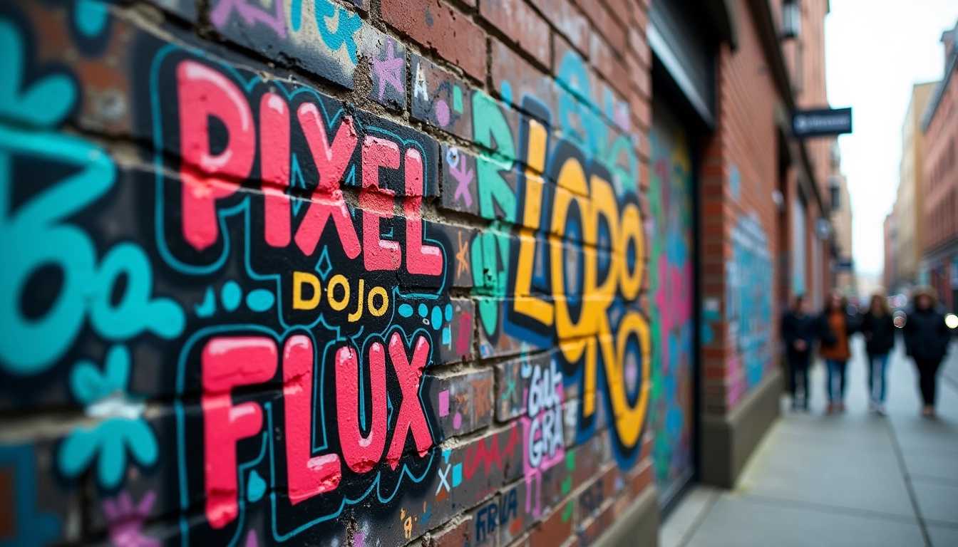 A vibrant urban scene featuring a weathered brick wall covered in layers of colorful graffiti, set against the backdrop of an inner-city alley. The graffiti prominently displays the words "PIXEL DOJO FLUX LoRA" in bold, dynamic lettering. The text is surrounded by intricate, artistic tags and street art in a myriad of bright colors including electric blue, neon green, and vivid red. The wall's texture is rough, with some bricks chipped and worn, adding a sense of authenticity and age. The scene is illuminated by the soft, diffused light of an overcast day, casting gentle shadows and highlighting the textures of the wall and the vibrancy of the graffiti. The angle is a slight low-shot, giving prominence to the wall and adding an element of depth and immersion. This setting evokes a gritty yet artistic urban atmosphere, filled with creativity and an edge of rebellion. Photorealistic style, capturing the raw energy and details of street art. In the background, hints of city life can be seen, with blurred figures and movement, suggesting a bustling environment.