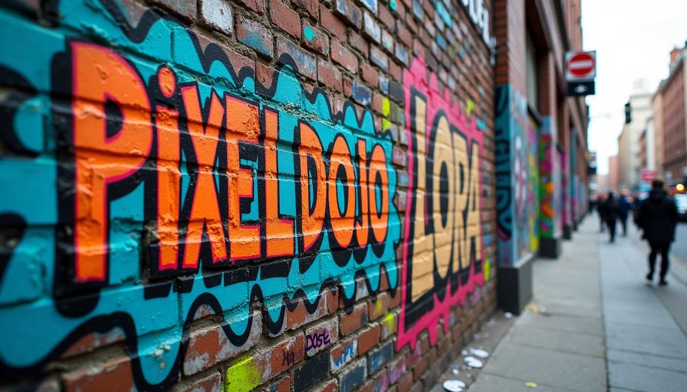 A vibrant urban scene featuring a weathered brick wall covered in layers of colorful graffiti, The graffiti prominently displays the words "PIXEL DOJO FLUX LoRA" in bold, dynamic lettering. The text is surrounded by intricate, artistic tags and street art in a myriad of bright colors including electric blue, neon green, and vivid red. The wall's texture is rough, with some bricks chipped and worn, adding a sense of authenticity and age. The scene is illuminated by the soft, diffused light of an overcast day, casting gentle shadows and highlighting the textures of the wall and the vibrancy of the graffiti. The angle is a slight low-shot, giving prominence to the wall and adding an element of depth and immersion. This setting evokes a gritty yet artistic urban atmosphere, filled with creativity and an edge of rebellion. Photorealistic style, capturing the raw energy and details of street art. In the background, hints of city life can be seen, with blurred figures and movement, suggesting a bustling environment.